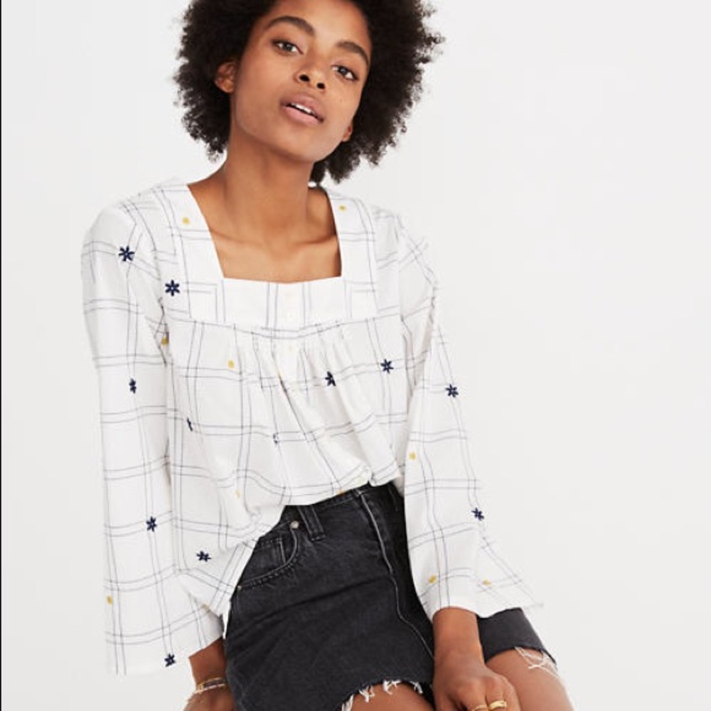 Embroidered Windowpane Square-Neck Button-Down Top